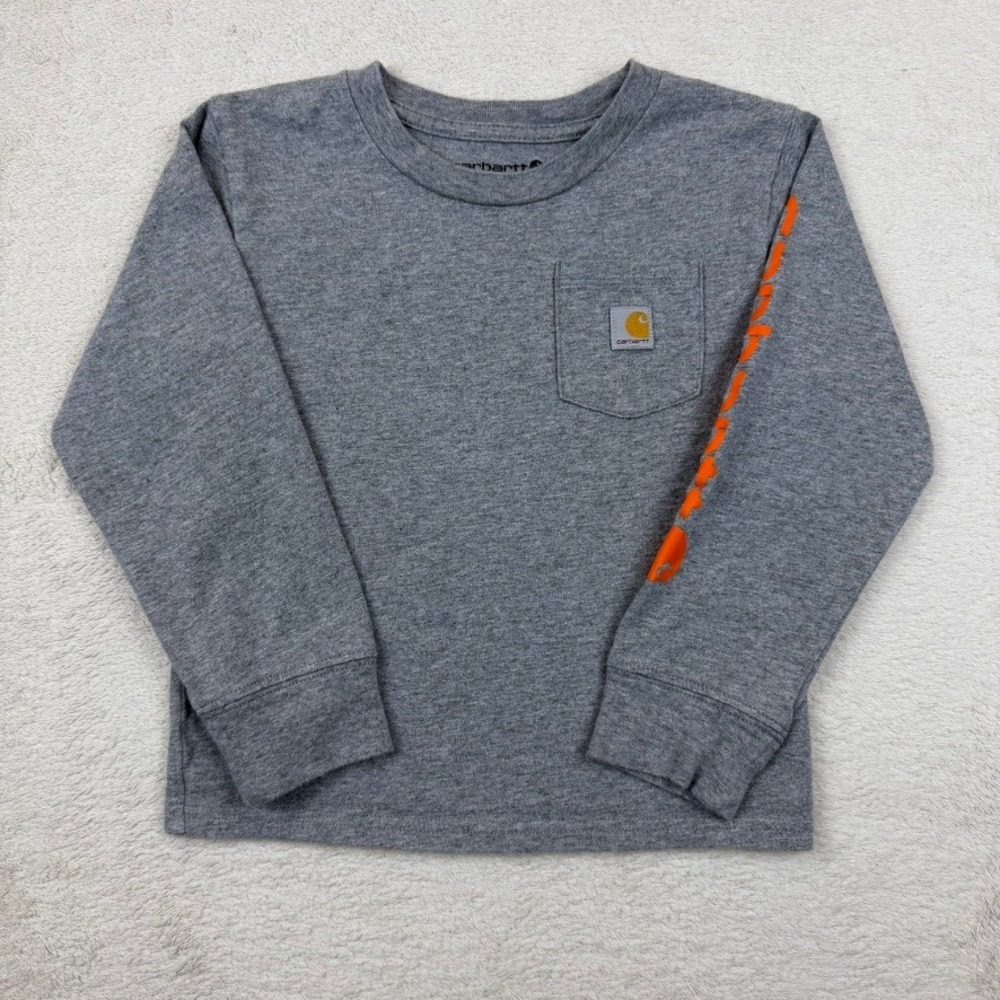 Carhartt Kids Gray Long Sleeve Pocket T-Shirt Orange Sleeve Logo TS6458-B 4T